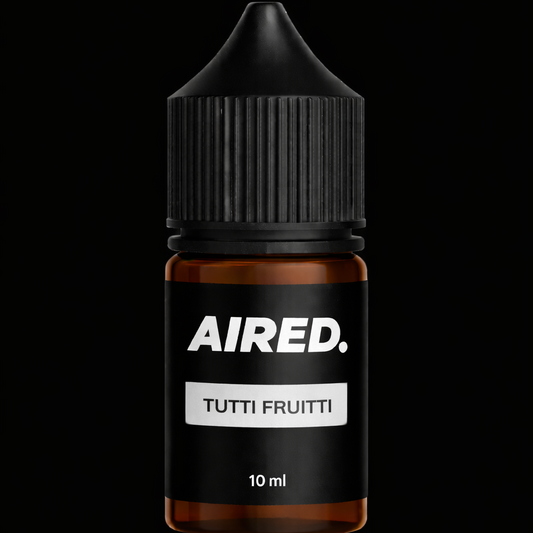 Bottle of AIRED Tutti Frutti e-liquid on a black background